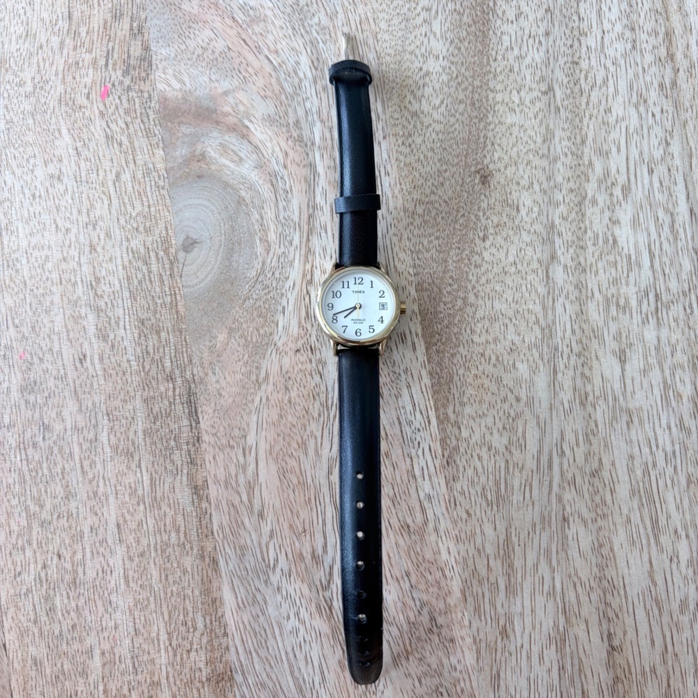 Timex T2H341 Easy Reader Indiglo Gold Tone Black Leather Watch White Dial - Picture 4 of 12